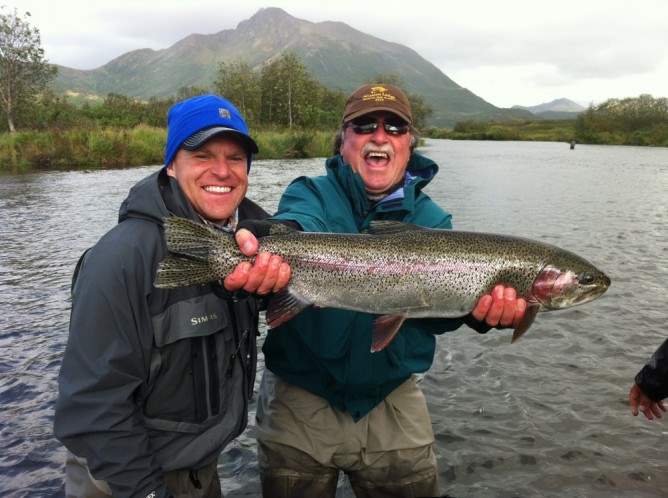 Gary & Chris Figgins with big Rainbow Trout caught at Mission Lodge